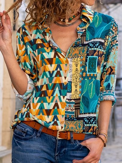 Geometric Mosaic Pattern Tribal Casual Loosen Long Sleeve Blouse, Multicolor, Blouses & Shirts