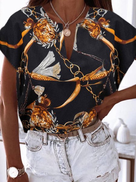 Casual Painted Notched Short Sleeve Tops, Black, Tops