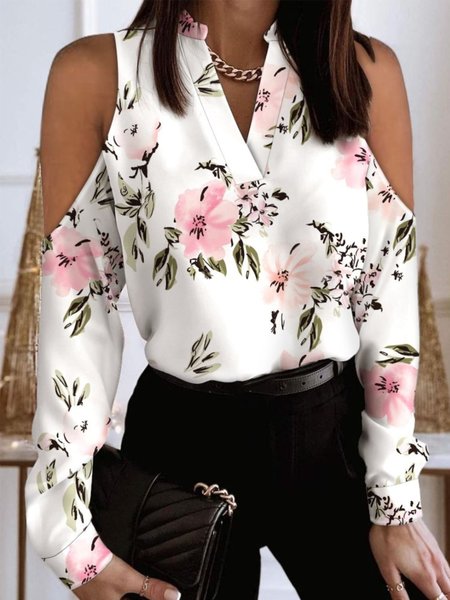 Casual Floral Long Sleeve V Neck Plus Size Printed Tops, White, Tops