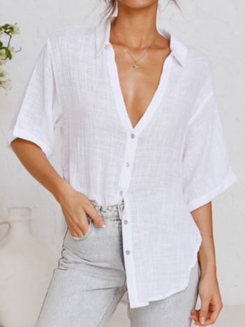 Casual Solid Loosen Short Sleeve Blouse, White, Shirts & Blouses