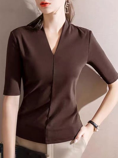 Basics V Neck Short Sleeve T-Shirt, Coffee, Tees