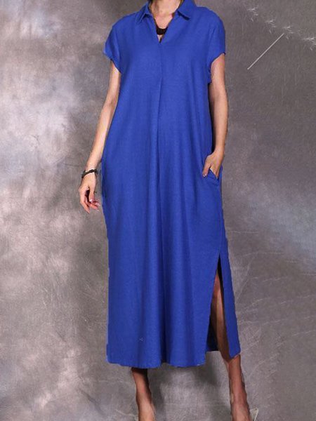 Loosen Casual Shirt Collar Short Sleeve Woven Midi Dress, Blue, Maxi Dresses 
Loosen Casual Shirt Collar Short Sleeve Woven Midi Dress, Blue, Maxi Dresses