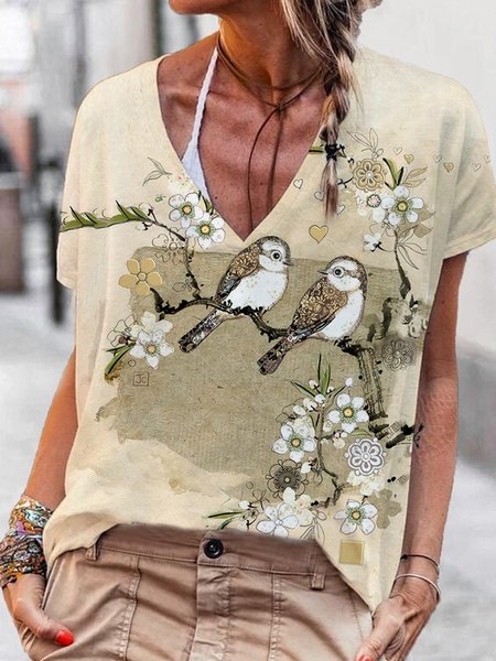 Casual V neck Floral Bird Loosen Cotton Blends Short Sleeve Tops, Multicolor, T-Shirts
Casual V neck Floral Bird Loosen Cotton Blends Short Sleeve Tops, Multicolor, T-Shirts