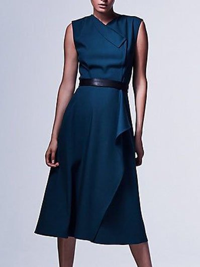 Simple Short Sleeve Woven Dress, Blue, Midi Dresses