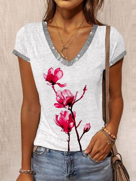 Sequins V Neck Casual Regular Fit Short Sleeve Floral Print T-Shirt, White, T-Shirts
Sequins V Neck Casual Regular Fit Short Sleeve Floral Print T-Shirt, White, T-Shirts