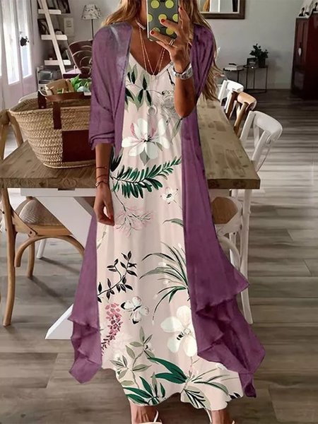 3/4 Sleeves Floral V Neck Plus Size Casual Two Piece Dress With Coat, Purple, Maxi Dresses
3/4 Sleeves Floral V Neck Plus Size Casual Two Piece Dress With Coat, Purple, Maxi Dresses