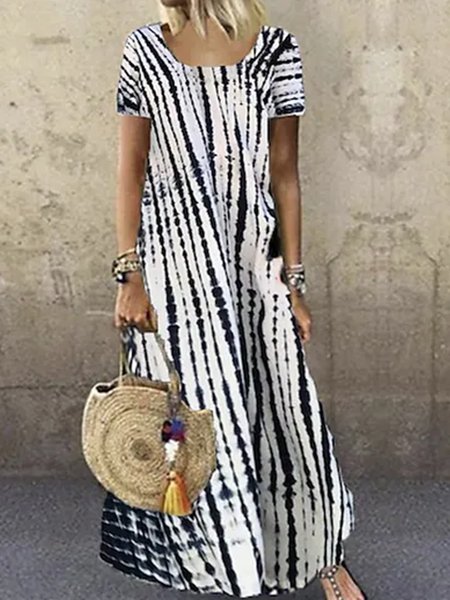 Tie Dye Crew Neck Short Sleeve Women Dress, White, Maxi Dresses
