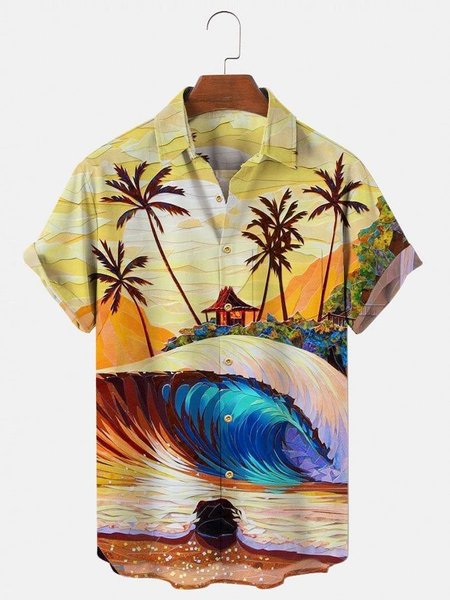 Men's Coconut Print Casual Short Sleeve Hawaiian Shirt, Yellow, Men's Floral shirt