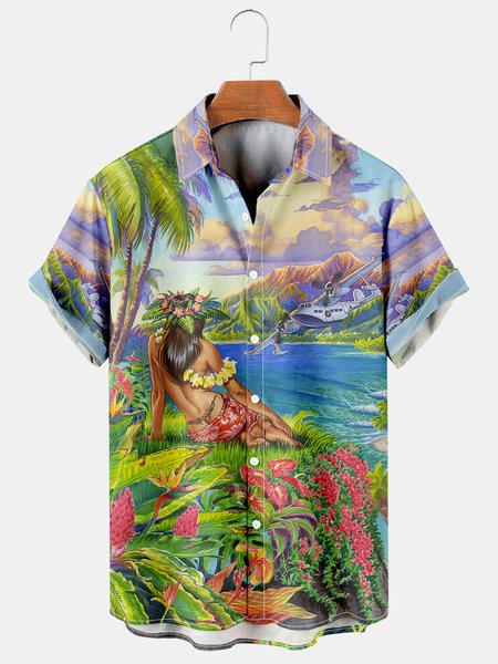 Mens Hula Beauty Print Casual Breathable Hawaiian Short Sleeve Shirt, Green, Men's Floral shirt