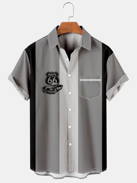 Mens Racing Print Casual Breathable Short Sleeve Shirt, Black-grey, Men's Floral shirt