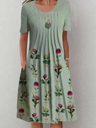 Floral Cotton Blends Short Sleeve Knit Dress, Green, Midi Dresses