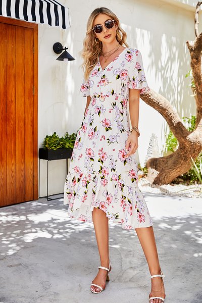 Vacation Regular Fit Short Sleeve Woven Dress, Off white, Dresses