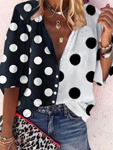Casual V Neck Polka Dots Long Sleeve Blouse, As picture, Blouses & Shirts