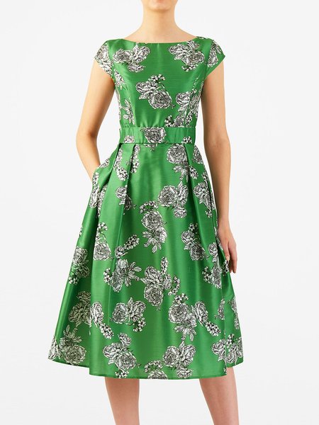 Crew Neck Floral Regular Fit Short Sleeve Woven Dress, Green, Midi Dresses