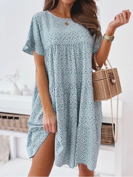 Casual Short Sleeve Round Neck Plus Size Printed Dress, As picture, Mini Dresses