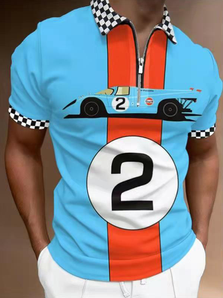 Casual Sports Series Racing And Geometric Lapel Short Sleeve Polo Top, Blue, Men's t-shirts