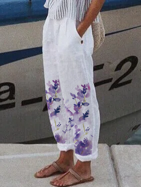 Casual Loosen Pockets Floral Pants, White, Pants