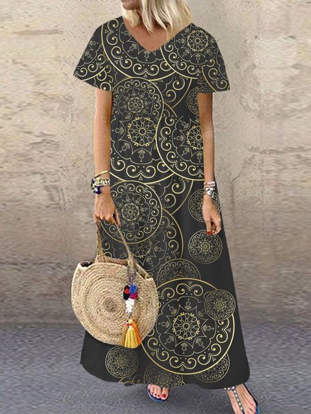 Black Tribal Print Casual V Neck Regular Fit Short Sleeve Maxi Dress, Dresses
Black Tribal Print Casual V Neck Regular Fit Short Sleeve Maxi Dress, Dresses