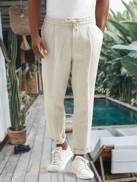 Men's Cotton Linen Style Elastic Waist Casual Pants, Apricot, Pants