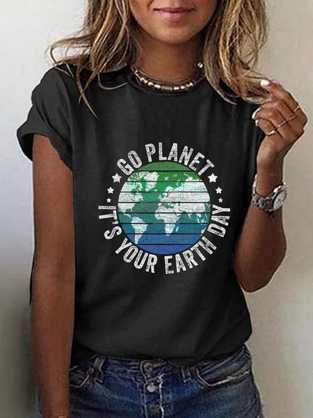 

Earth Day Letter Regular Fit Casual Short Sleeve T-Shirt, Black, T-Shirts