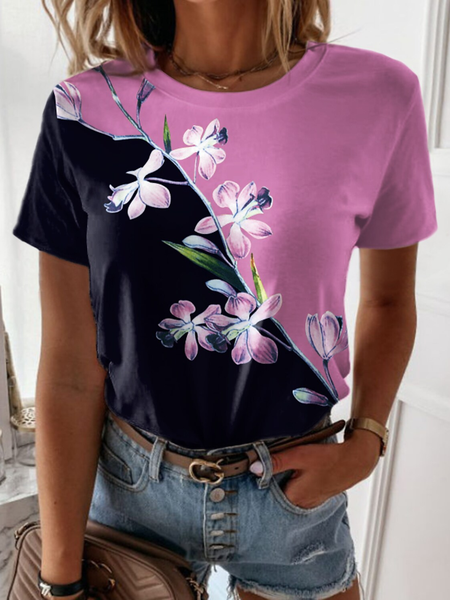 Crew Neck Simple Regular Fit Short Sleeve T-Shirt, Pink, T-Shirts