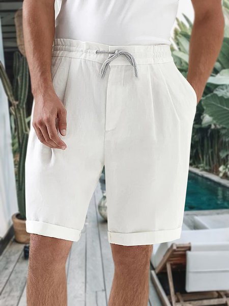 Men's Cotton Linen Style Casual Shorts, White, Shorts