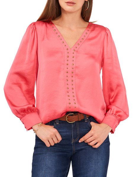 Loosen Simple V Neck Long Sleeve Top, Watermelon, Tops