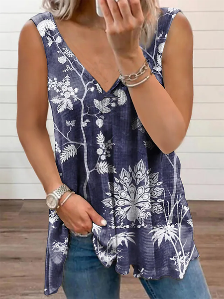 V Neck Floral Casual Knit Tank, Blue, Tank Top