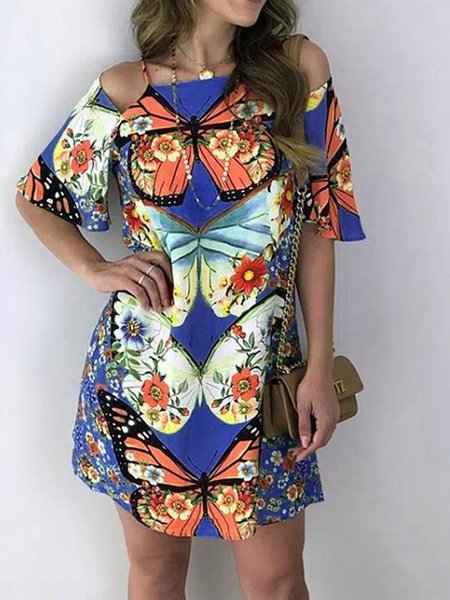 Off The Shoulder Butterfly Loosen Short Sleeve Knit Mini Dress, Blue, Mini Dresses
