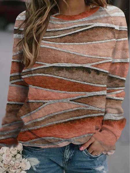 Casual Long Sleeve Wave Printed Sweatshirt, Orange, Sweatshirts & Hoodies