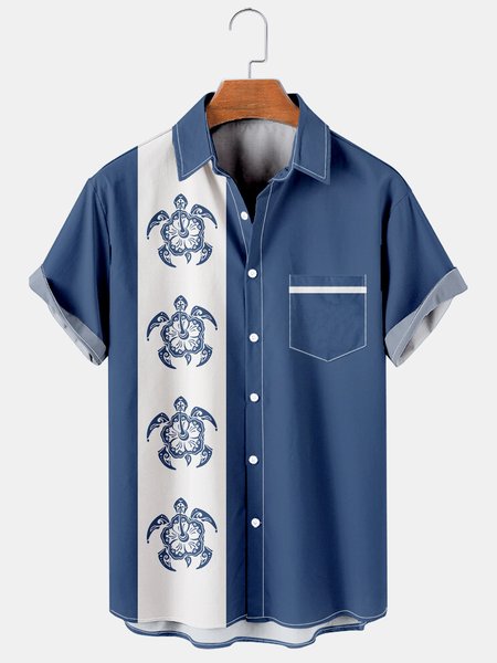 Mens Sea Turtles Print Lapel Loose Short Sleeve Funky Bowling Shirts, Blue, Short Sleeve Shirts