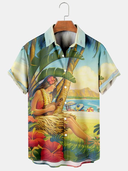 Mens Hula Girls Print Casual Breathable Hawaiian Short Sleeve Shirts, Green, Men's Floral shirt