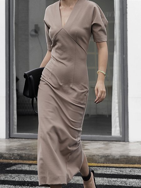 Midi Slim Fit V Neck Elegant Short Sleeve Knit Dress, Khaki, Maxi Dresses