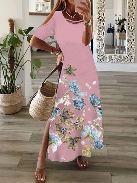 Floral Casual Short Sleeve Knit Dress, Pink, Maxi Dresses