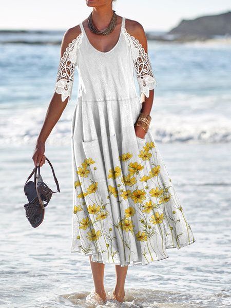Ffloral V Neck Casual Lace Short Sleeve Women Dress, White, Midi Dresses