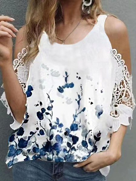 Casual Loose Floral Print Panel Lace Off-the-Shoulder V-Neck Short Sleeve Blouse, White, T-Shirts
Casual Loose Floral Print Panel Lace Off-the-Shoulder V-Neck Short Sleeve Blouse, White, T-Shirts