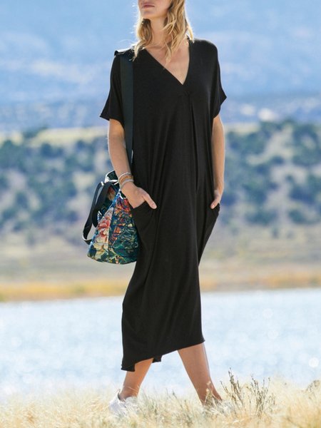 Casual Short Sleeve V Neck Plus Size Dress, Black, Midi Dresses