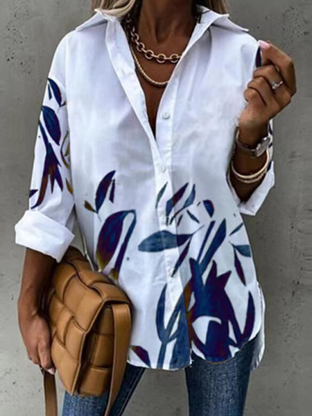 Regular Fit Boho Floral Long Sleeve Blouse, White, Blouses & Shirts