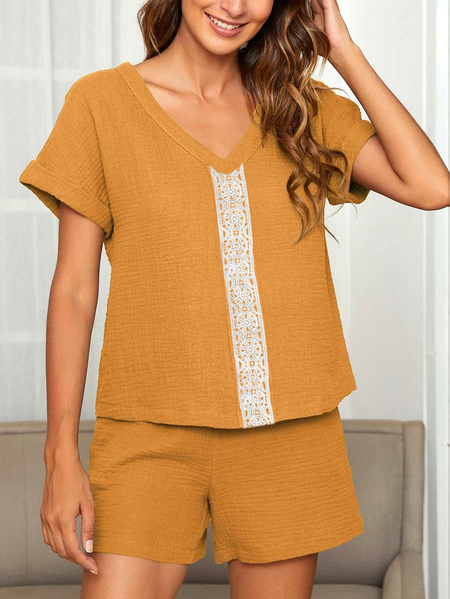 Yellow Short Sleeve V Neck Lace Panel Casual Home Two Piece Boho Plain Two Piece Sets, Suit Set
Yellow Short Sleeve V Neck Lace Panel Casual Home Two Piece Boho Plain Two Piece Sets, Suit Set