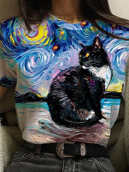 

Famous painting series starry sky print spring new explosion style super nice ladies casual T-shirt, Multicolor, T-Shirts