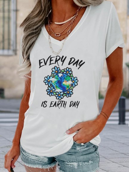 Casual Loosen V Neck Short Sleeve Tops, White, Tees & T-shirts