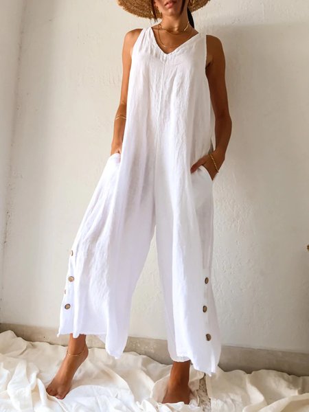 Casual V Neck Pockets Buttoned Cotton Solid Sleeveless Loosen Jumpsuit & Romper, White, Jumpsuits
Casual V Neck Pockets Buttoned Cotton Solid Sleeveless Loosen Jumpsuit & Romper, White, Jumpsuits