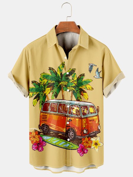 Men's Coconut Tree Print Casual Vacation Short Sleeve Hawaiian Shirt, Yellow, Men's Floral shirt