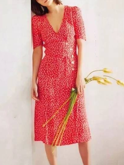 Boho Cotton Short Sleeve Woven Dress, Red, Floral Dresses