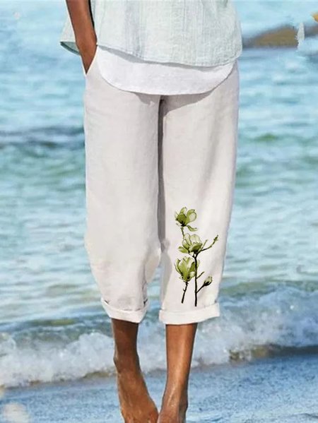Casual Floral Cotton Blends Cropped Pants, White, Pants