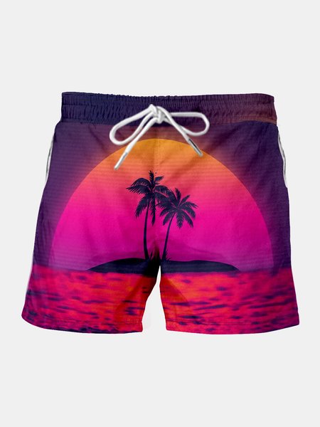 Coconut Tree Graphic Men's Beach Shorts, Red, Shirts & Blouse