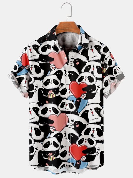 Mens Panda Print Casual Breathable Short Sleeve Shirt, As picture, Men's Floral shirt