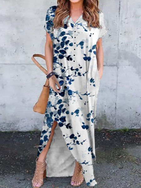 Floral Short Sleeves Lapel Buttoned Plus Size Casual Dresses, White, Maxi Dresses