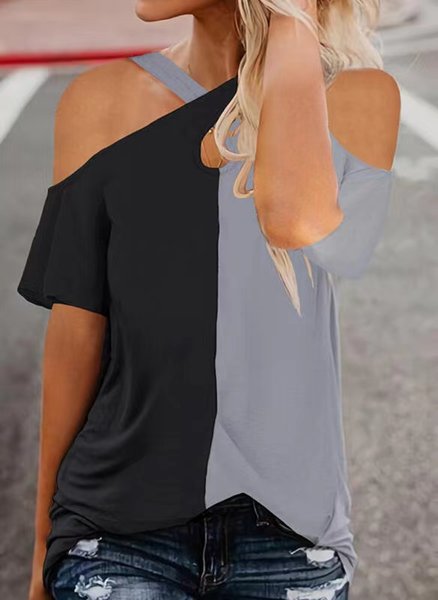 Basics Cotton Blends Halter Short Sleeve Tops, Black-grey, T-Shirts