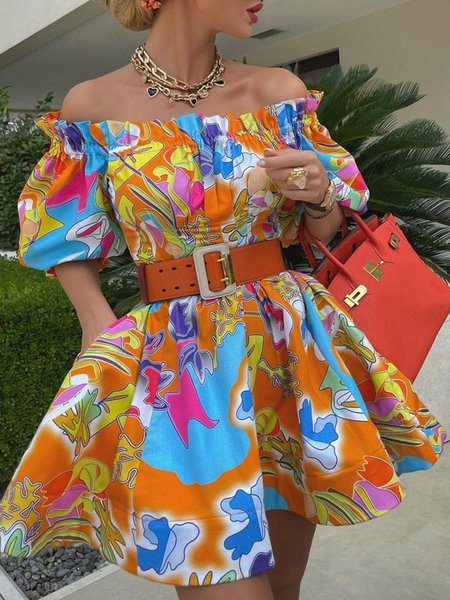 Boat Neck Floral Regular Fit Short Sleeve Woven Dress, Orange, Mini Dresses